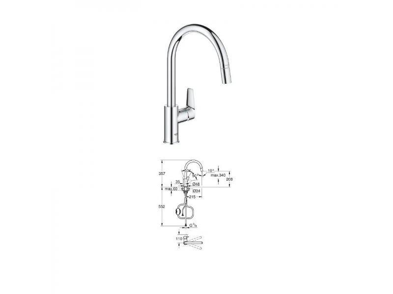 Grohe Кухненски смесител BauEdge с изтеглящ се шлаух  30536000