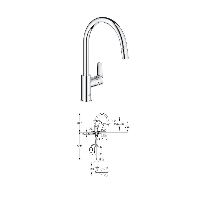 Grohe Кухненски смесител BauEdge с изтеглящ се шлаух  30536000
