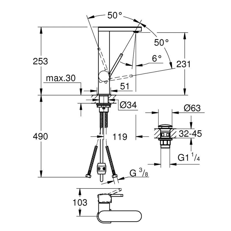 GROHE Смесител за умивалник с издърпващ чучур и клик сифон L-размер GROHE PLUS 23844003