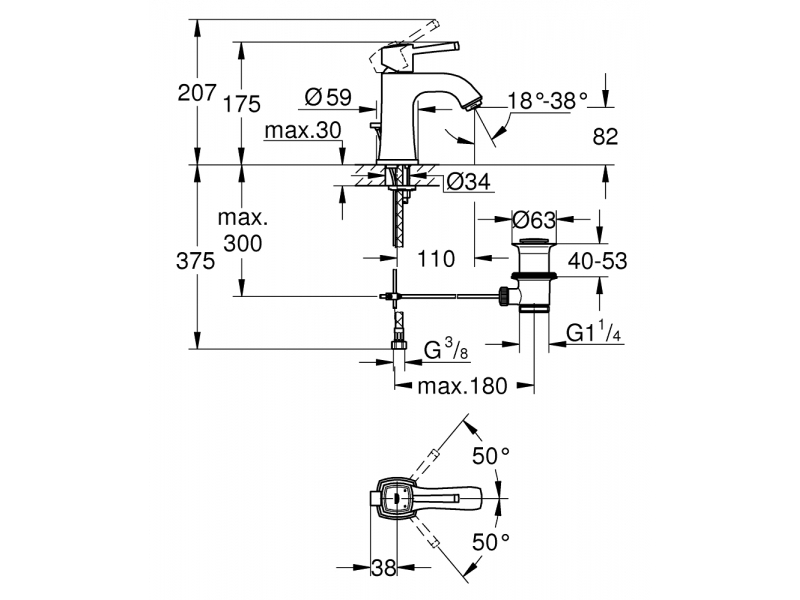 GROHE Смесител за умивалник 1/2″, едноръкохватков, M-размер GRANDERA 23303000