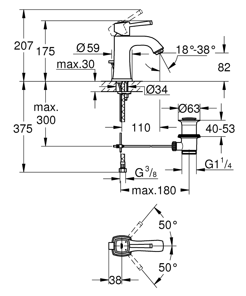GROHE Смесител за умивалник 1/2″, едноръкохватков, M-размер GRANDERA 23303000