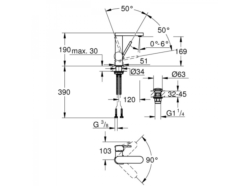 GROHE Смесител за умивалник с клик сифон S-размер GROHE PLUS 23872003