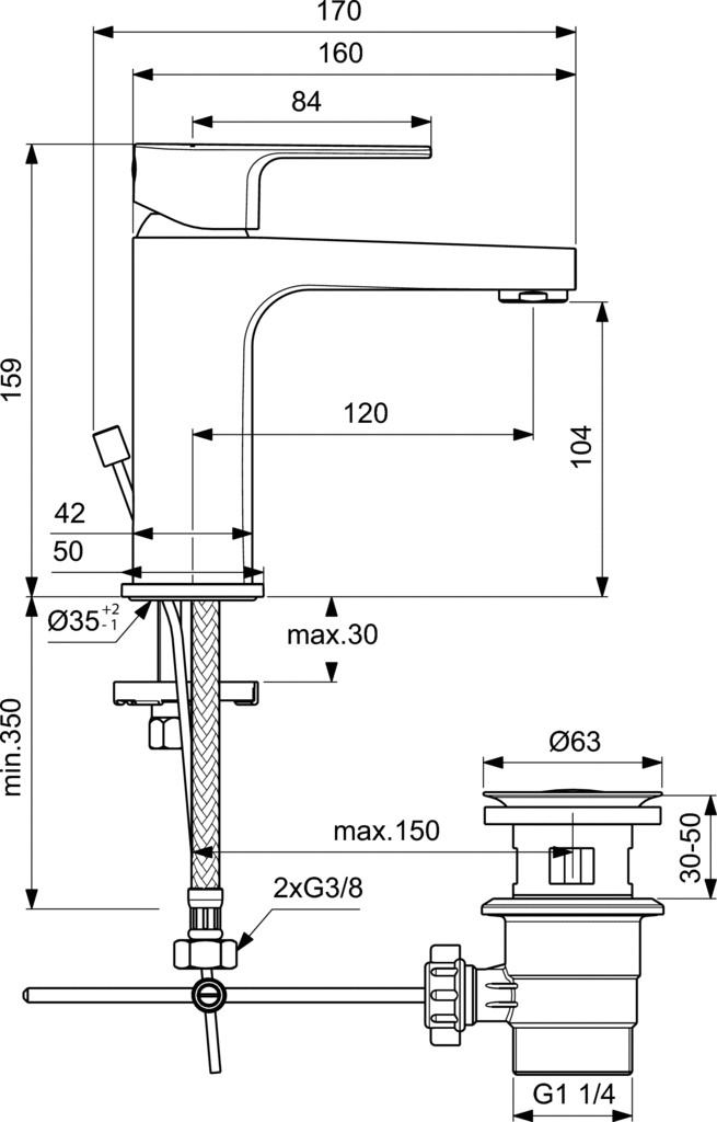 IDEAL STANDARD Смесител за умивалник с изпразнител ХРОМ ESLA BC224AA