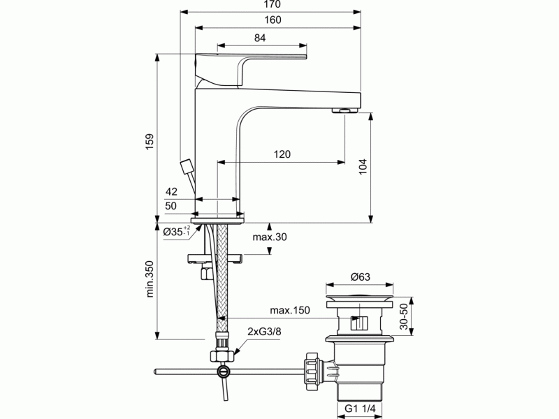 IDEAL STANDARD Смесител за умивалник с изпразнител ХРОМ ESLA BC224AA