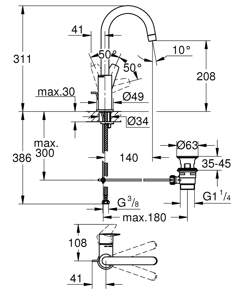 GROHE Смесител за умивалник 1/2″, едноръкохватков, L-РАЗМЕР BAUEDGE 23760001
