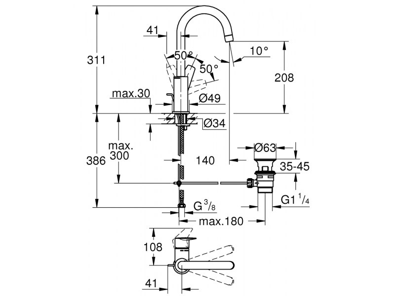 GROHE Смесител за умивалник 1/2″, едноръкохватков, L-РАЗМЕР BAUEDGE 23760001