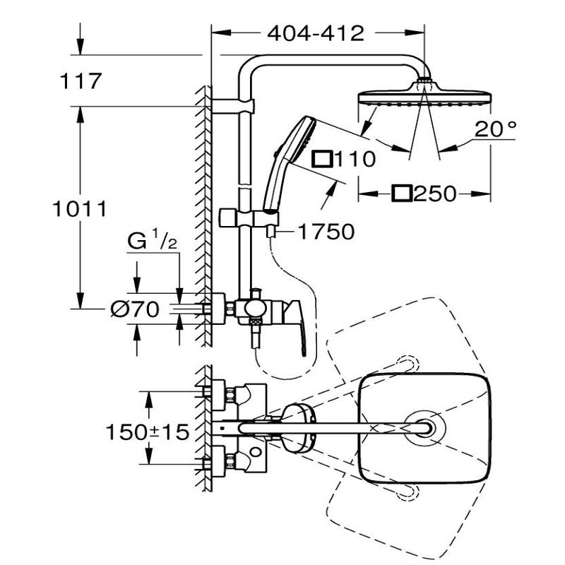 GROHE Душ комплект с едноръкохватков смесител TEMPESTA SYSTEM 250 CUBE 26692001