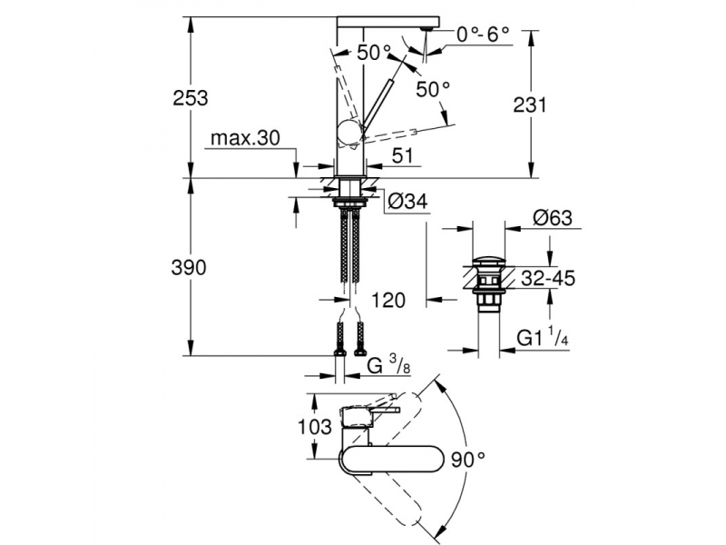 GROHE Смесител за умивалник с клик сифон L-размер GROHE PLUS 23873003 